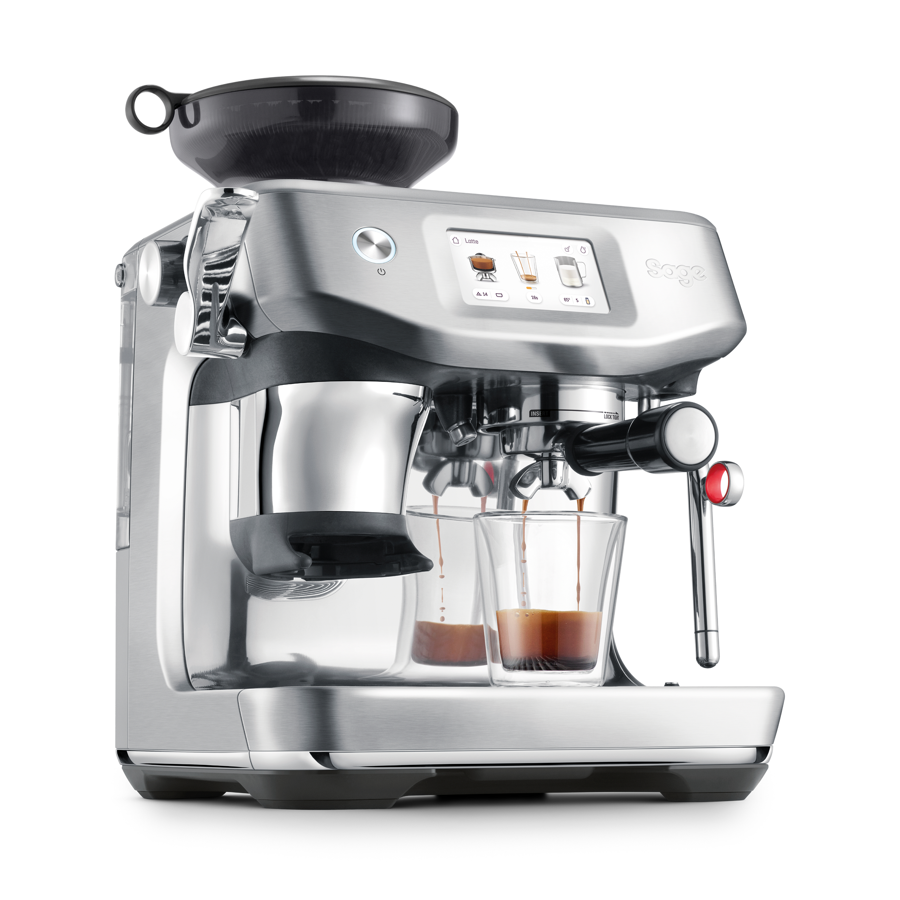 Silberne Espressomaschine mit Digitalanzeige, zwei Gläsern und einem Mahlwerk. Schwarzer Griff rechts.