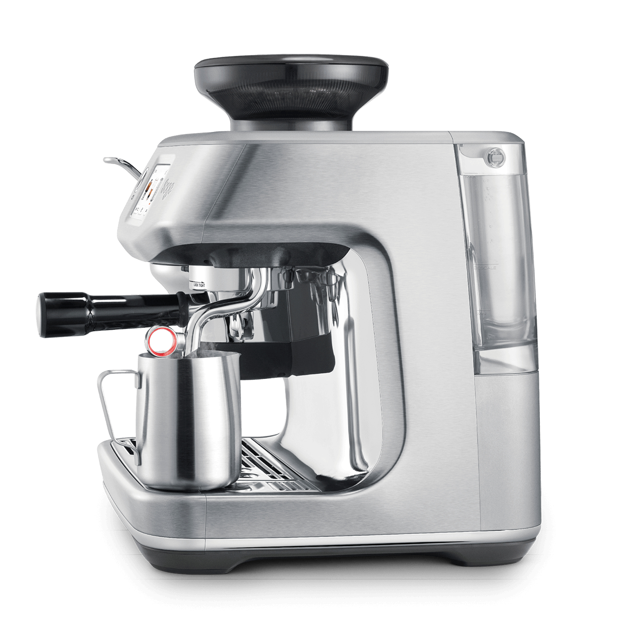 Espressomaschine aus Edelstahl mit Mahlwerk, Milchaufschäumer und Tasse. Silber und Schwarz.