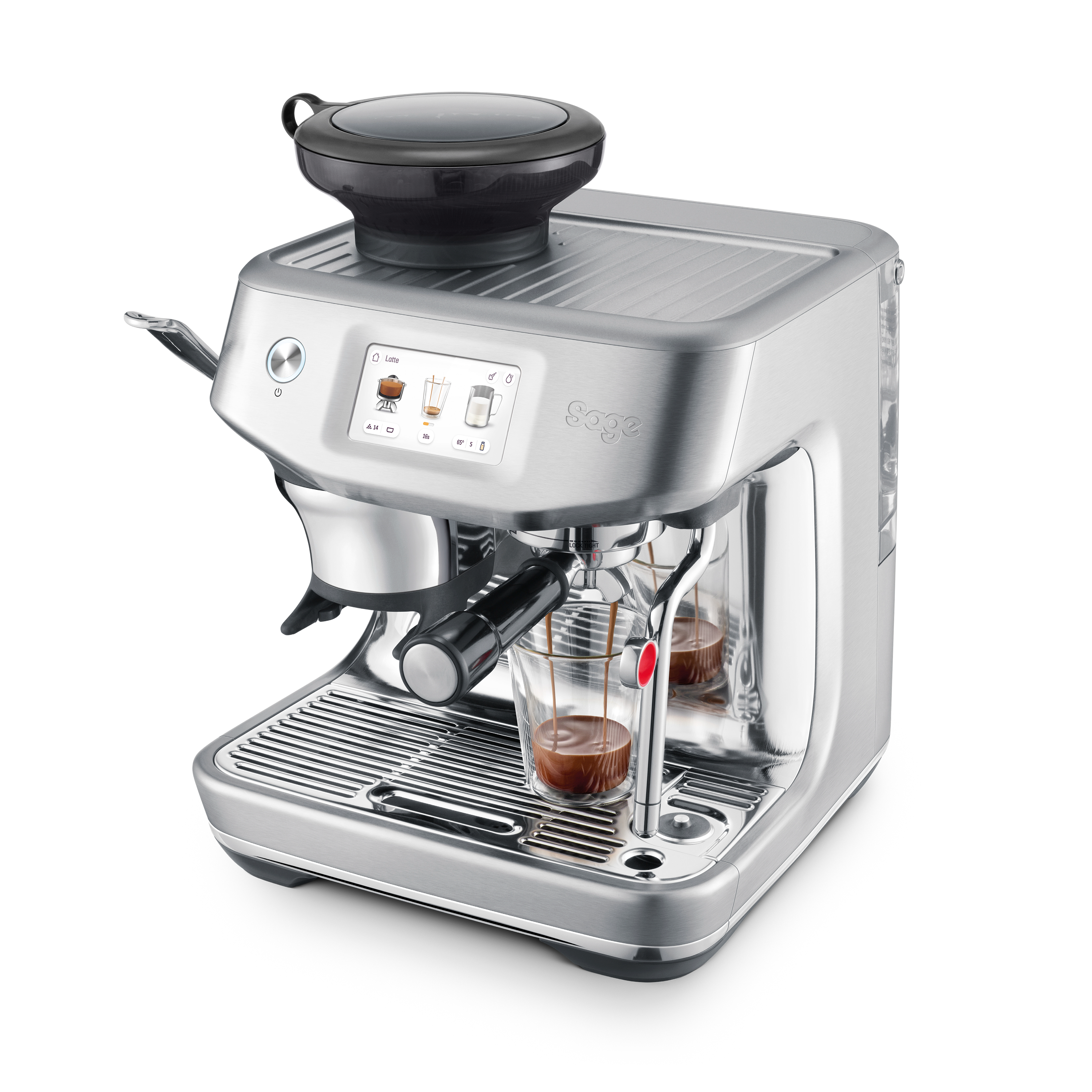 Silberne Espressomaschine, die Kaffee in zwei Gläser brüht. Sie hat einen schwarzen Bohnenmahler oben drauf.