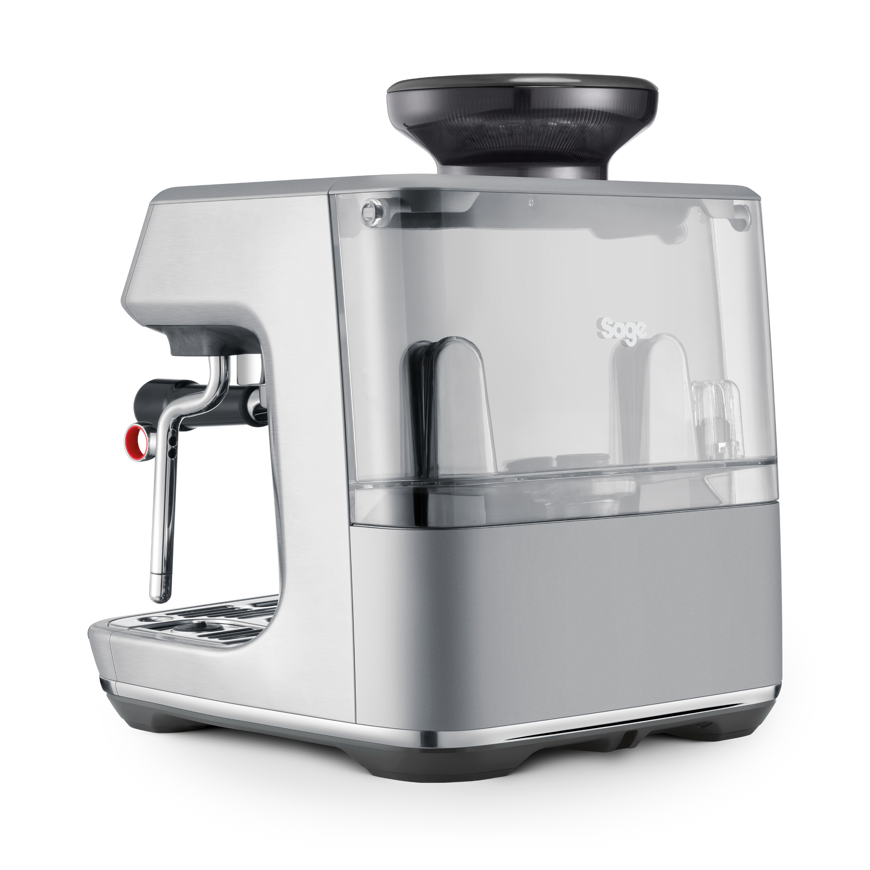 Silberne Espressomaschine mit Wassertank und Mahlwerk. Front mit Siebträger und roter Taste.