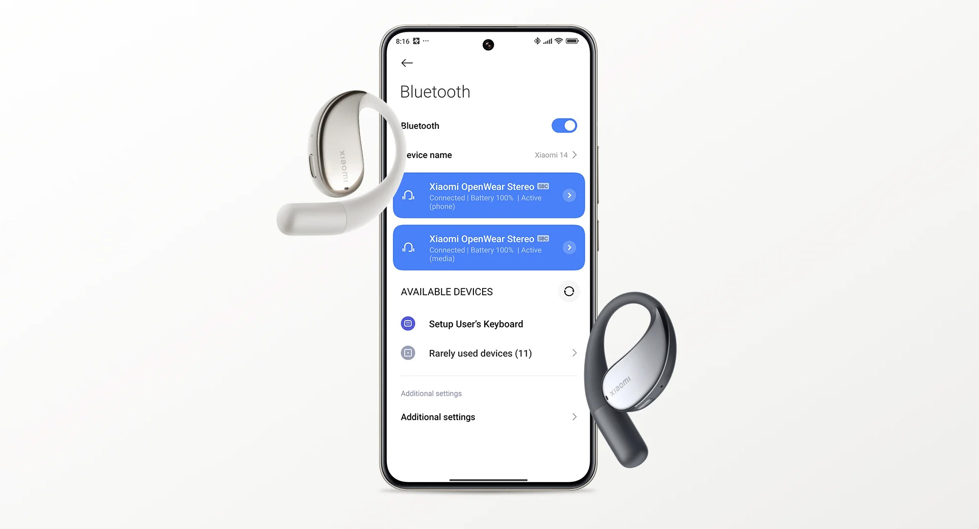 Ekran smartfona z ustawieniami Bluetooth, połączony z Xiaomi OpenWear Stereo i słuchawkami.