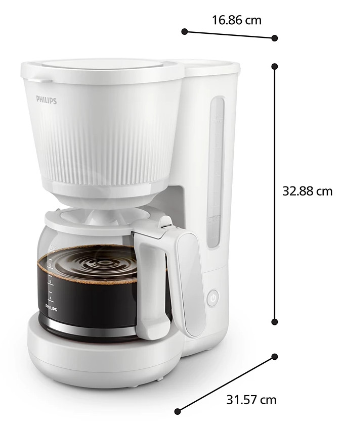 Biały ekspres do kawy ze szklaną karafką wypełnioną kawą. Wymiary w centymetrach są pokazane.