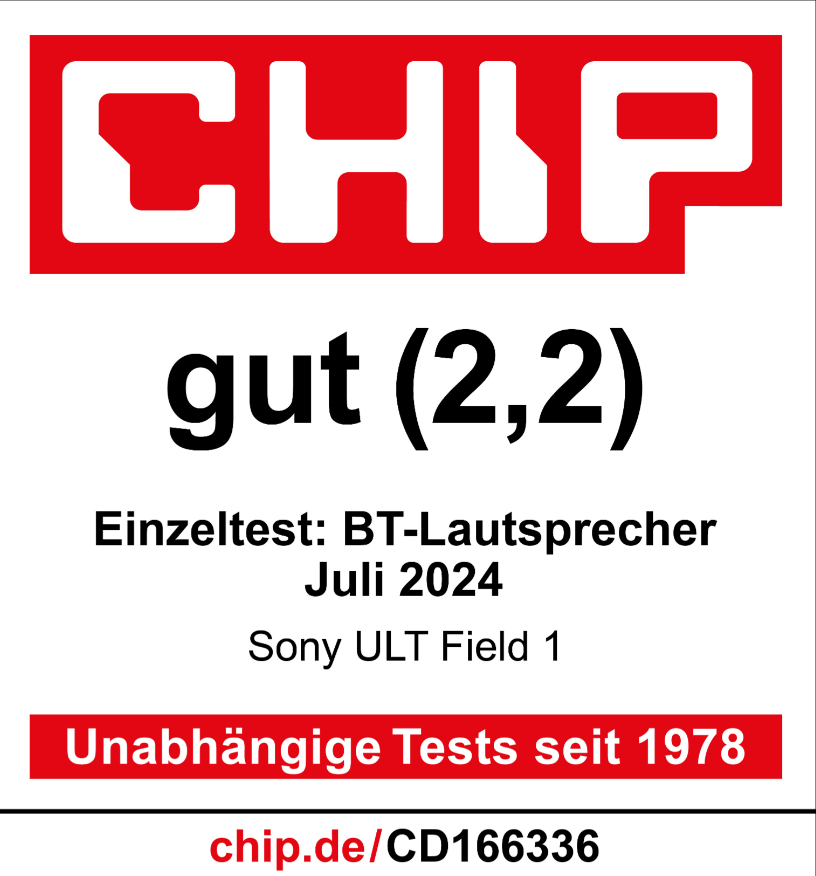 Ein Zeitschriften-Cover mit Text: CHIP, gut (2,2) und weitere Details zu einem Lautsprecher.