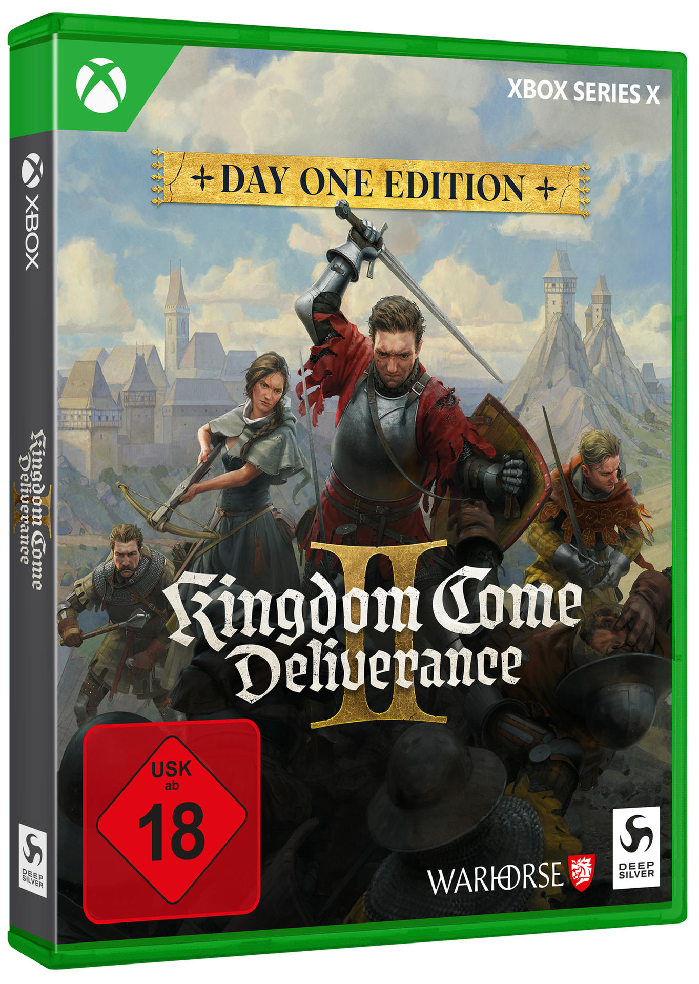 Xbox-Spielbox, grün und schwarz. Spieltitel ist 'Kingdom Come Deliverance II'. Artwork zeigt Ritter im Kampf.