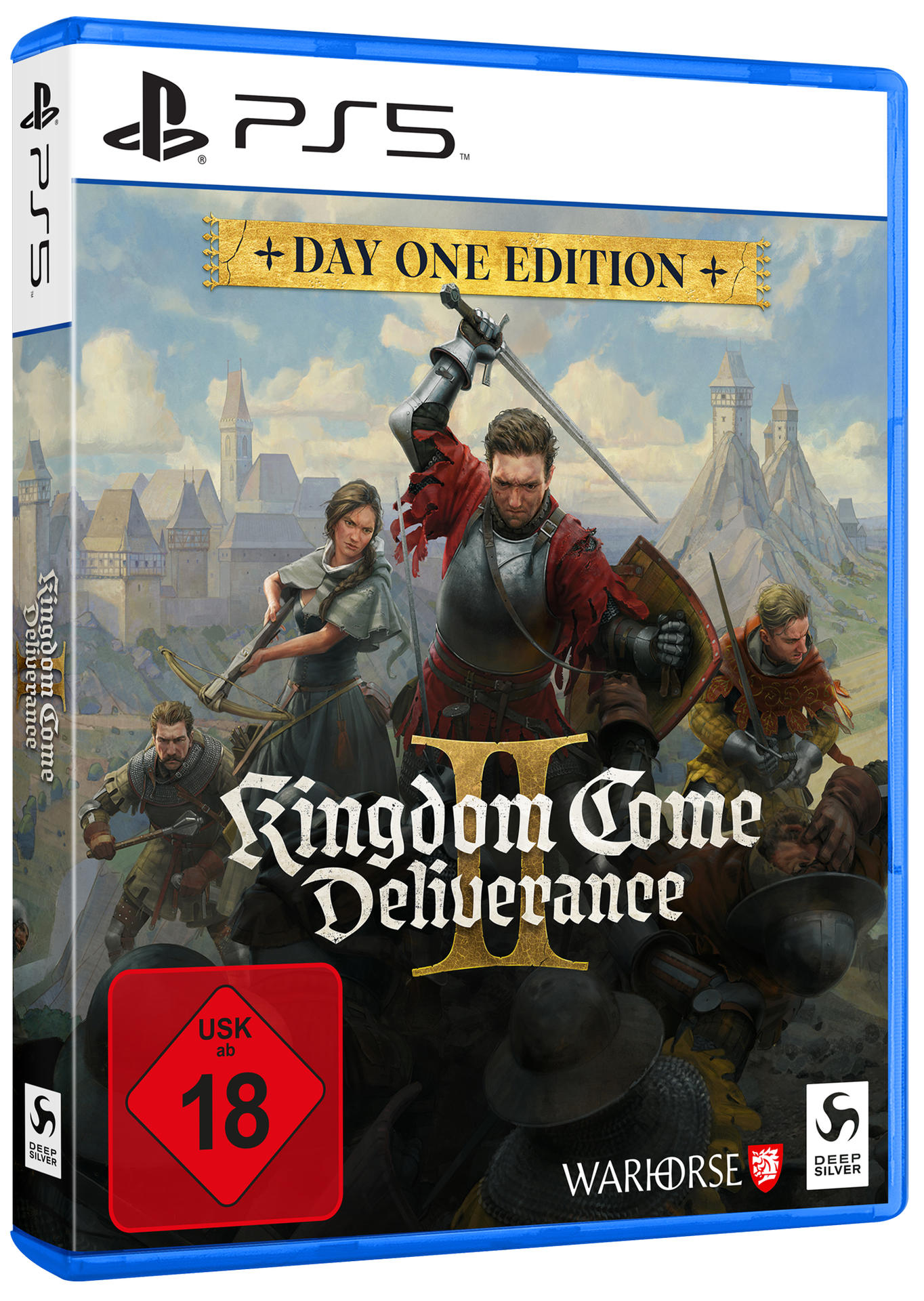 Eine PS5-Spielbox mit einem Spielcover, das eine mittelalterliche Szene mit Figuren in Rüstung zeigt.