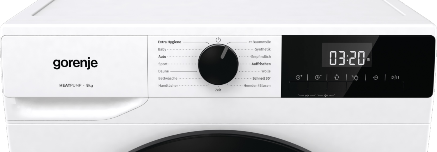 Fehér Gorenje szárítógép fekete vezérlőpanellel. Időzítőt és programválasztási lehetőségeket mutat.