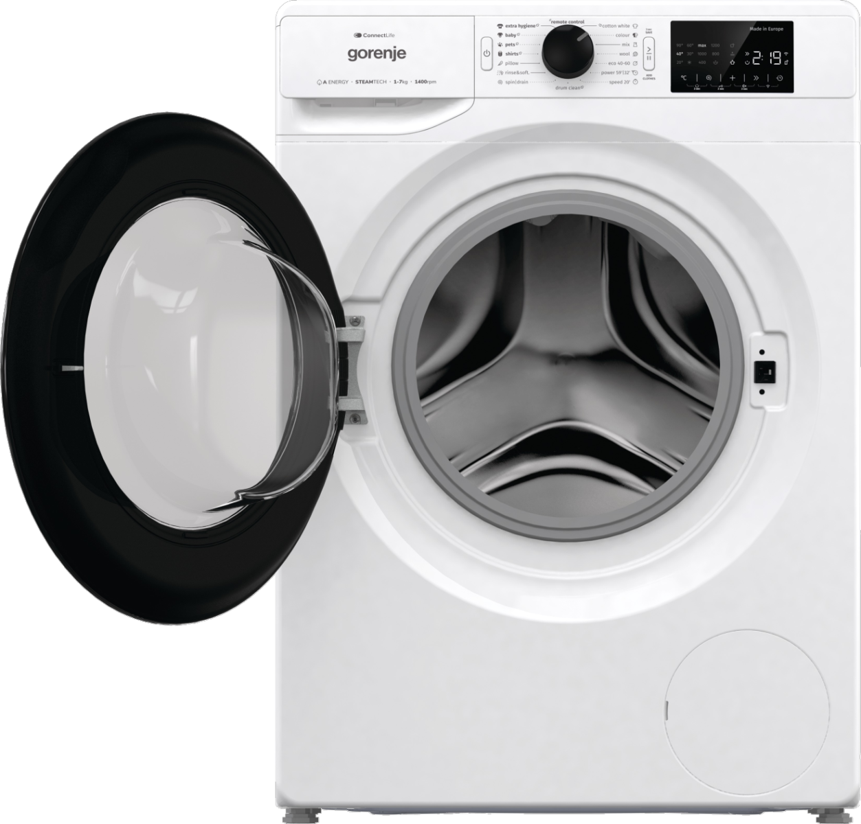 Egy fehér Gorenje mosógép nyitott ajtóval, amely a dobot mutatja.