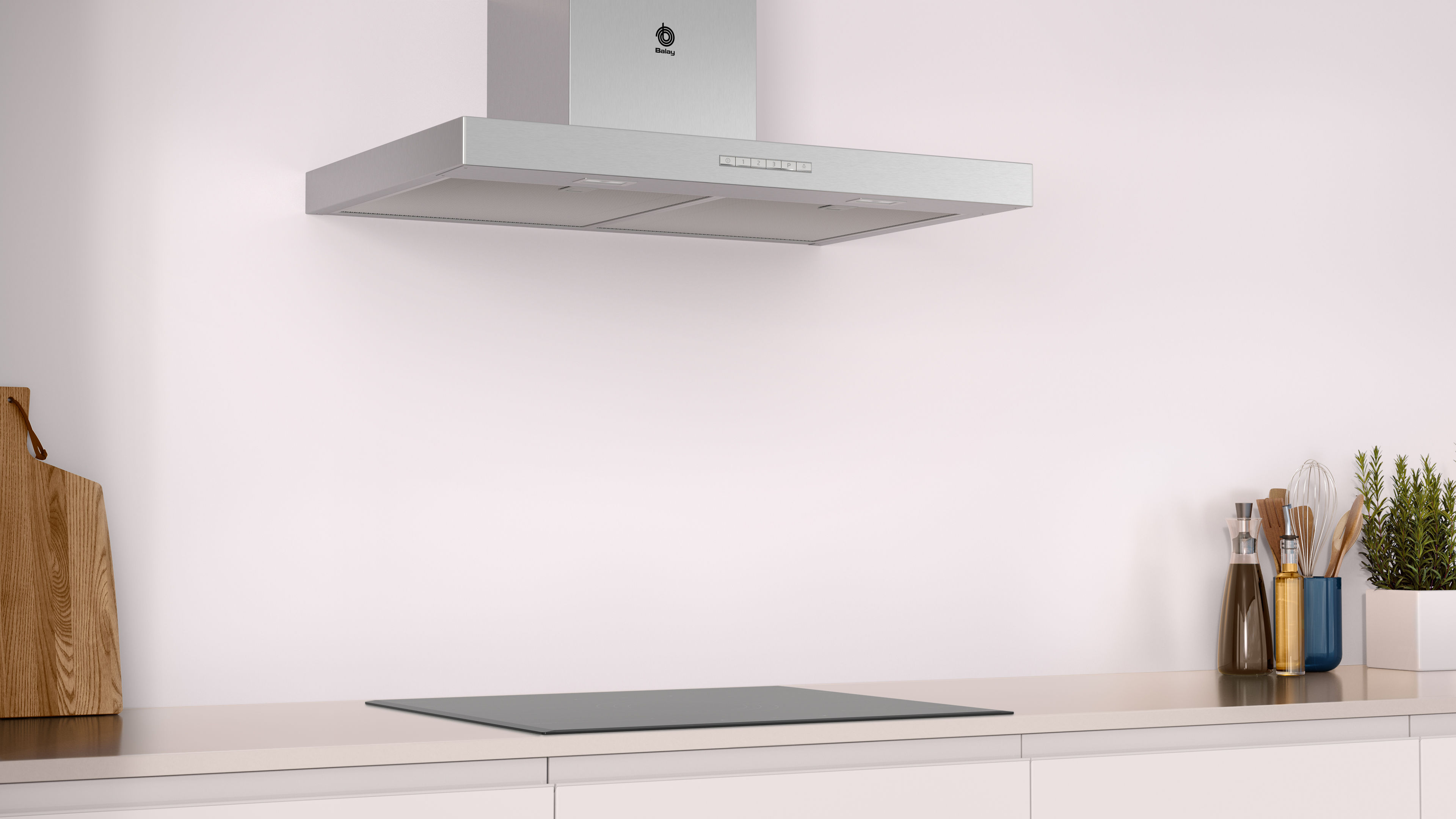 Escena de cocina con una campana blanca sobre una encimera negra. Diseño minimalista.