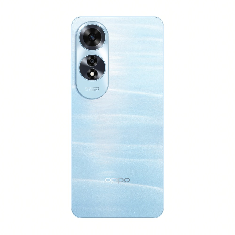 Yenilikçi yapay zeka kamera detaylarına sahip, açık mavi bir Oppo telefonun arkası.
