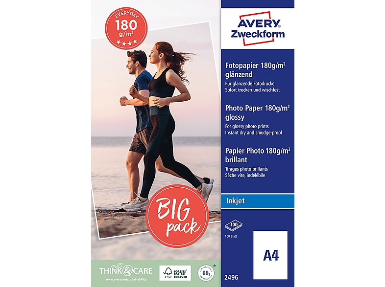 AVERY ZWECKFORM 2496 Everyday Inkjet Fotopapier, A4, einseitig beschichtet, 180 g/m², 100 Blatt