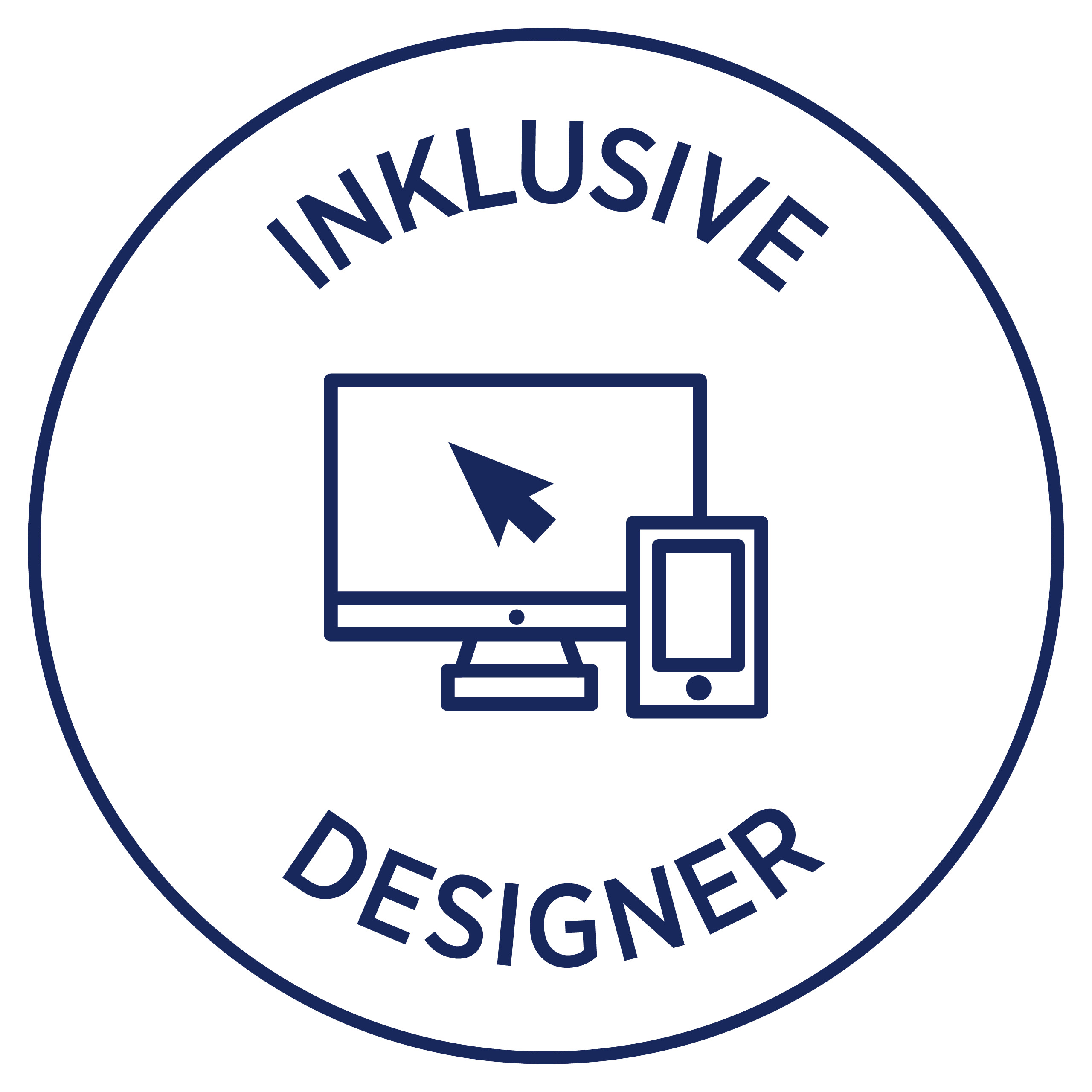 Blauer Kreis mit Text: INKLUSIVE DESIGNER. Enthält einen Computer und ein Telefonsymbol.