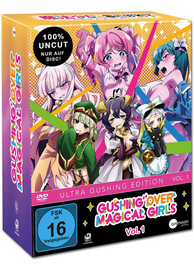 Eine DVD-Box mit Anime-Charakteren auf dem Cover, mit dem Text 'Gushing Over Magical Girls'.