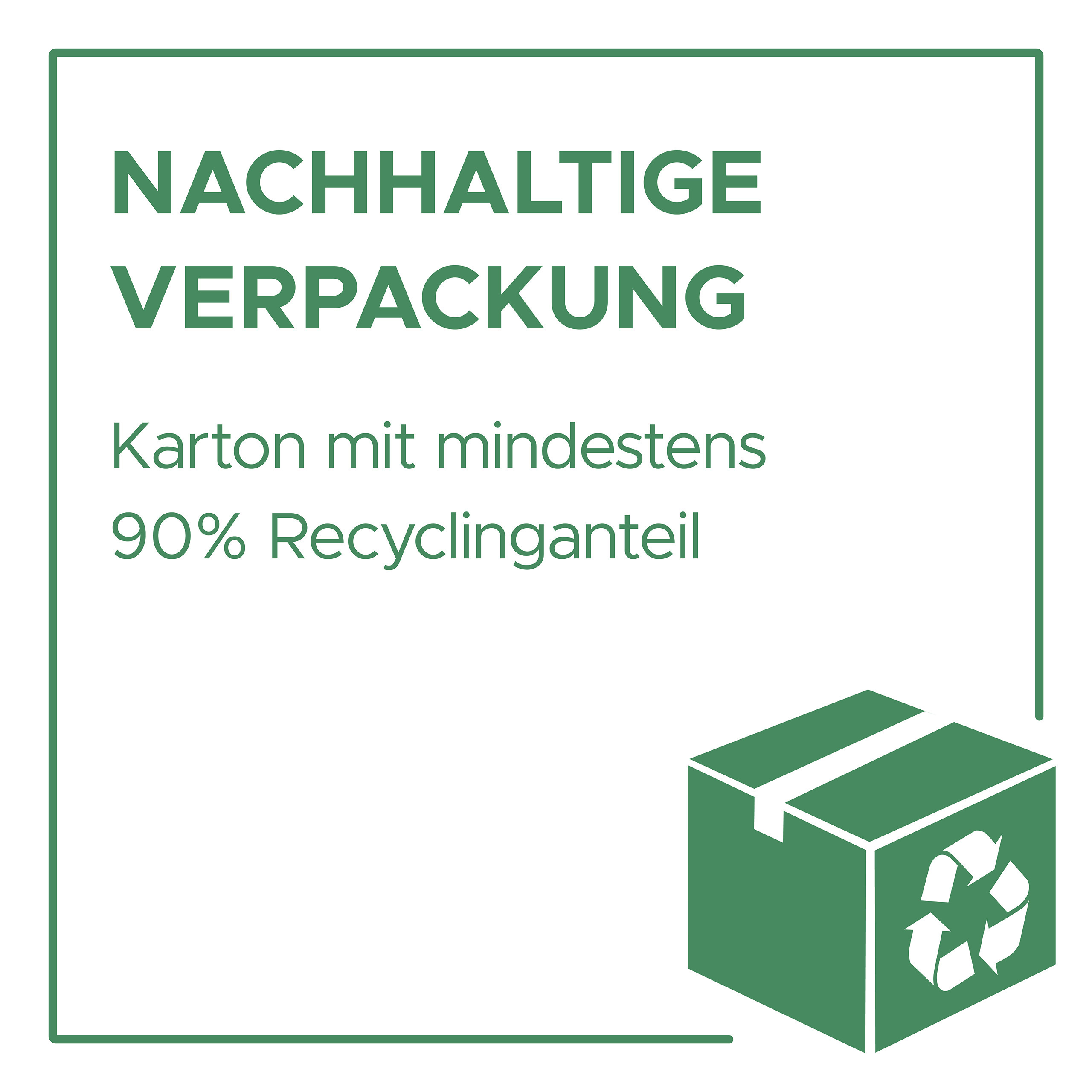 Ein Symbol zeigt einen Karton mit Recycling-Symbol und Text: Nachhaltige Verpackung.