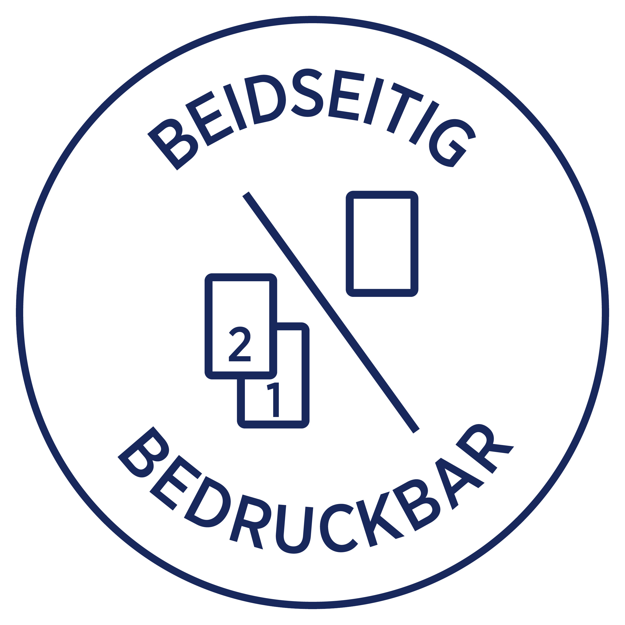Blau-weißes Kreissymbol mit Text: 'BEIDSEITIG BEDRUCKBAR' und zwei sich überlappenden Rechtecken.