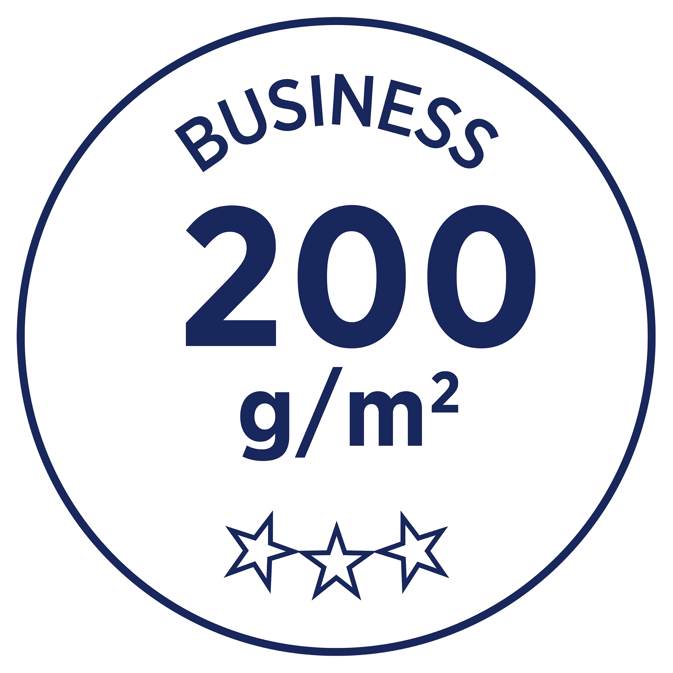 Ein Geschäftsetikett mit dem Text „BUSINESS 200 g/m²“ in einem blauen Kreis mit 3 Sternen darunter.