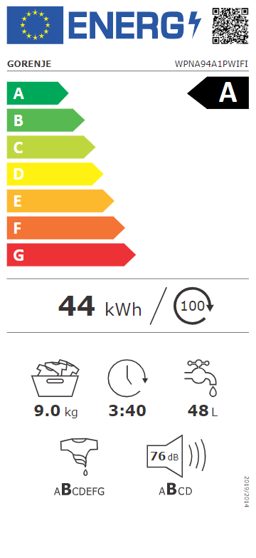 Energia címke besorolásokkal és ikonokkal egy mosógéphez.