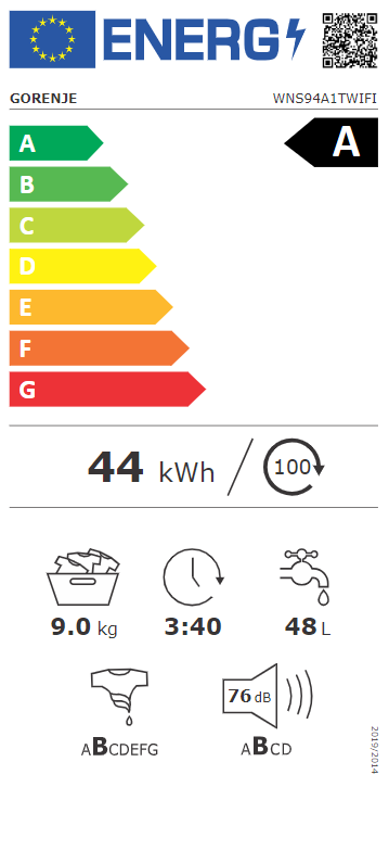 Egy mosógép energiahatékonysági címkéje.