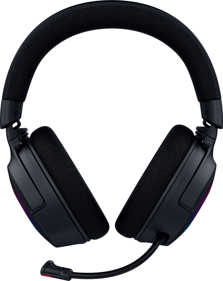 Cuffie gaming nere con padiglioni e microfono.