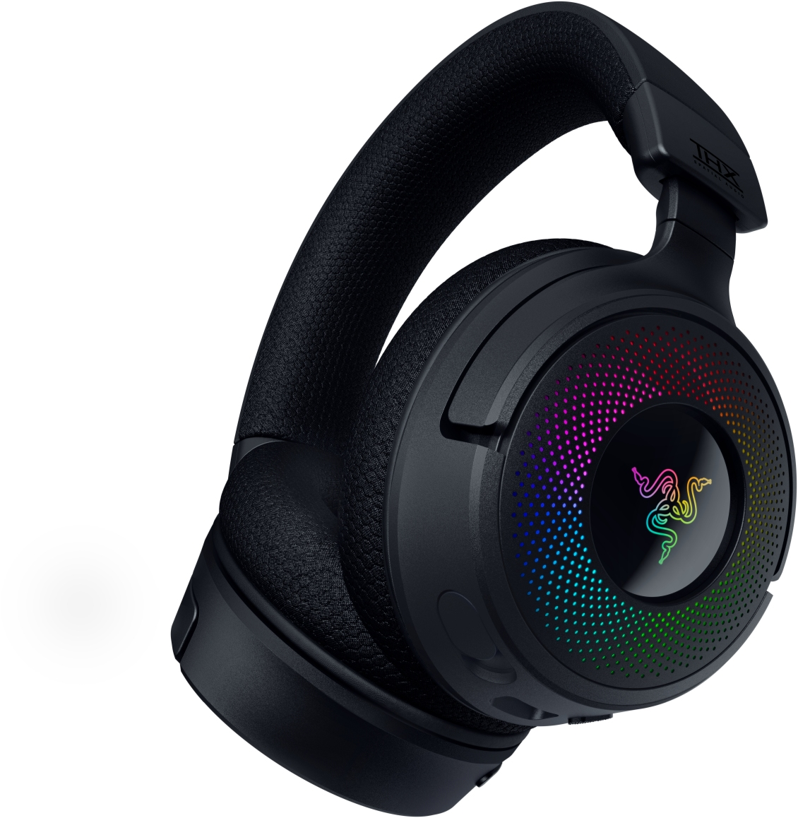 Cuffie da gaming nere con luci RGB. Logo Razer sul padiglione auricolare. Sfondo bianco.