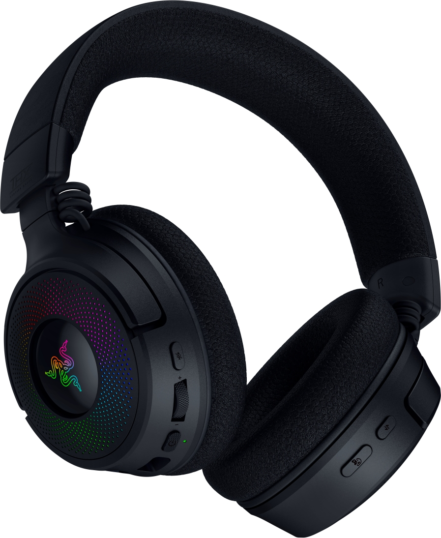 Cuffie Razer nere con logo colorato sul padiglione auricolare. Sfondo nero.