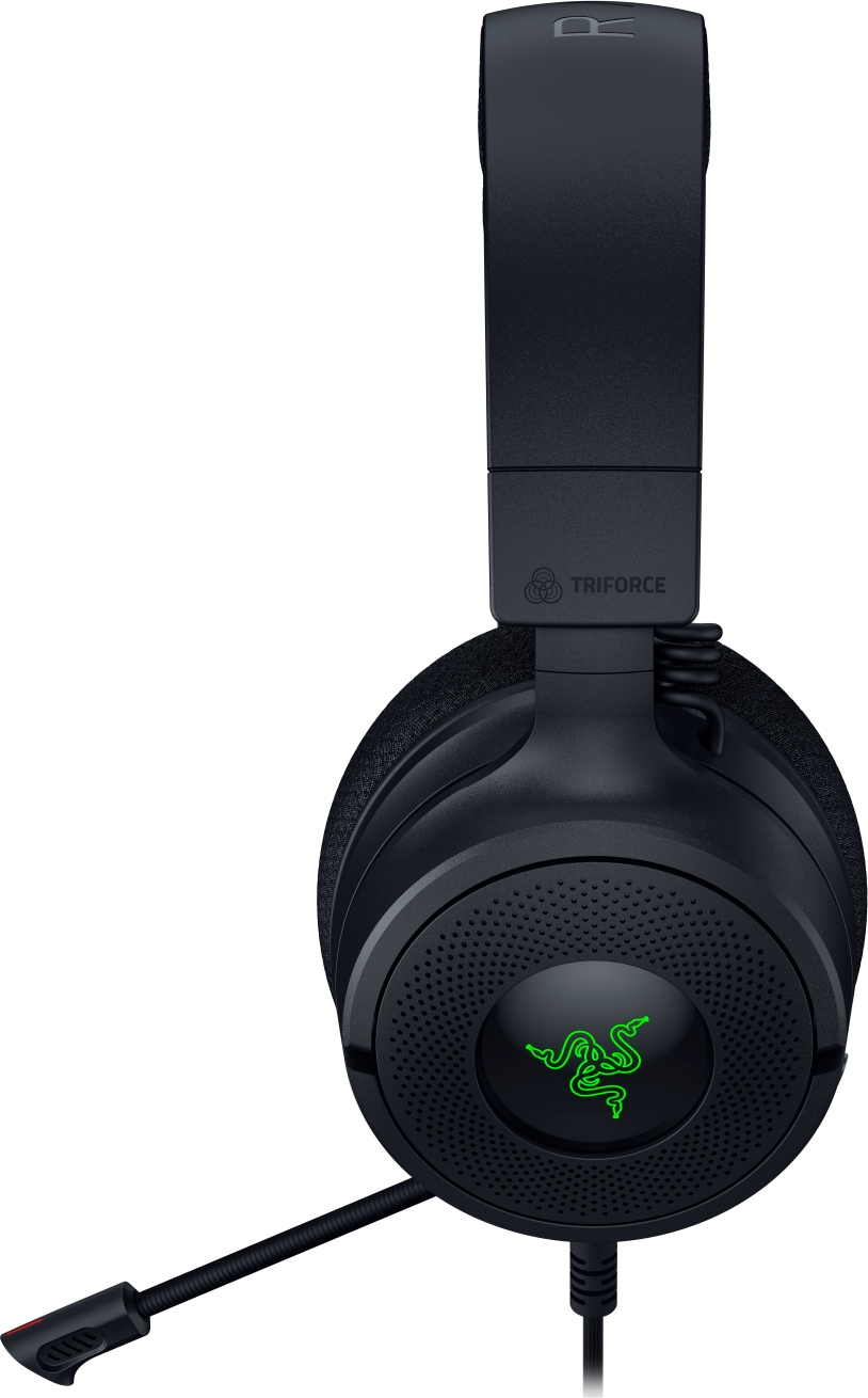 Cuffie da gioco Razer nere. Le cuffie hanno un microfono, padiglioni e una fascia.