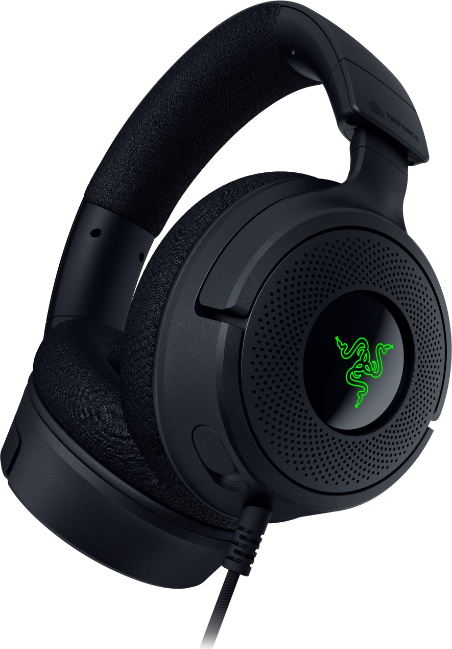 Cuffie gaming Razer nere con microfono, logo verde e cavo collegato.