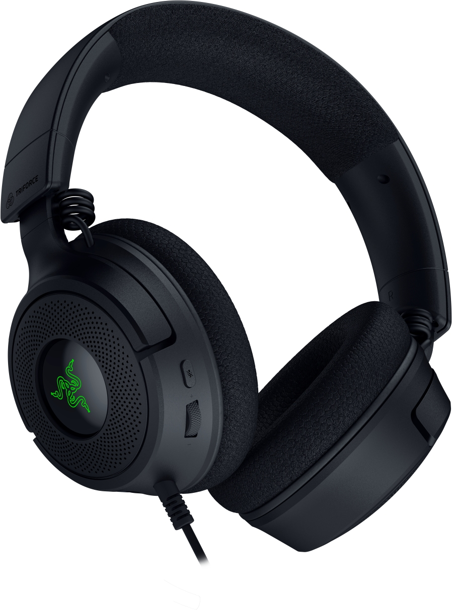 Cuffie nere. Il marchio Razer è visibile. Le cuffie hanno un microfono e cuscinetti.