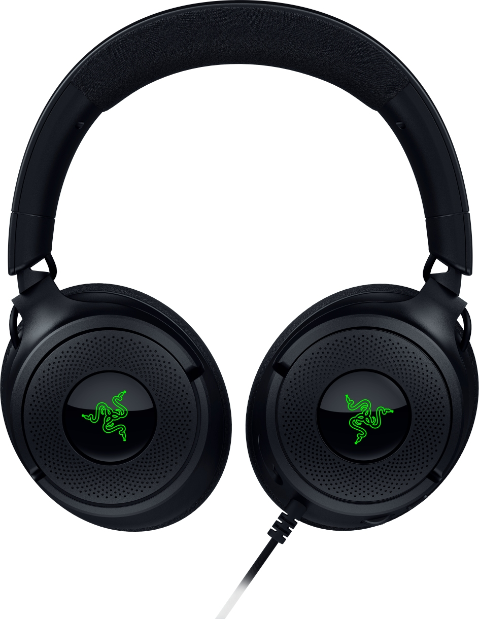 Cuffie Razer nere. Presentano il logo Razer verde sui padiglioni auricolari e un cavo.