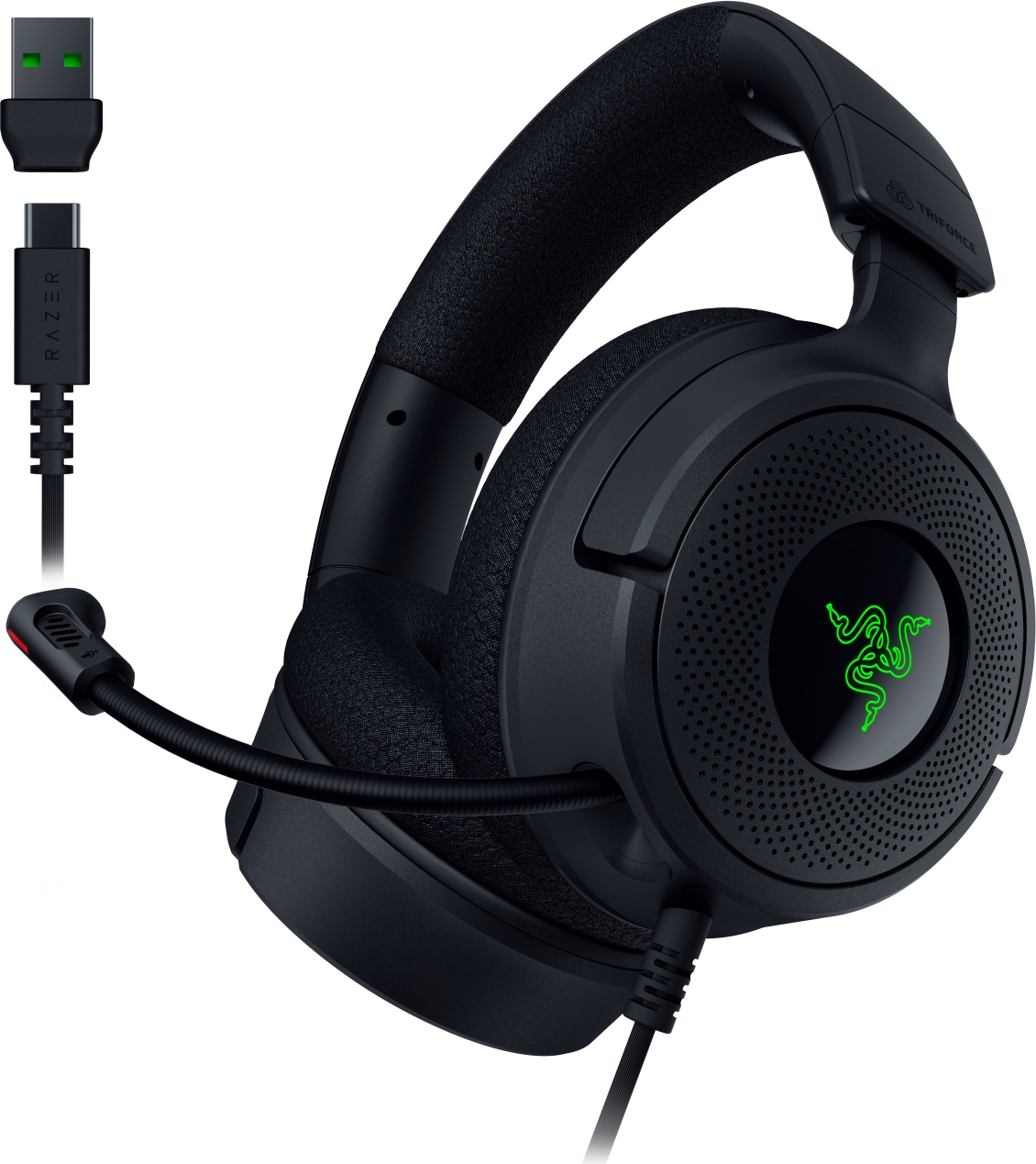 Cuffie da gaming Razer nere con microfono, cavi USB e USB-C. Logo Razer verde sul padiglione auricolare.