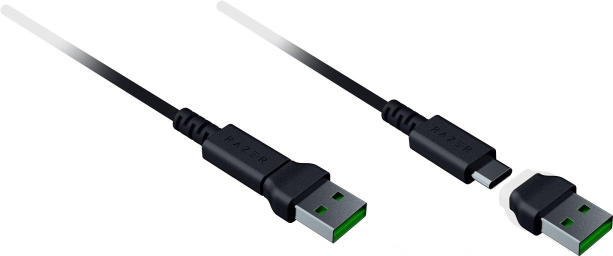 Cavo USB Razer con due estremità. Un'estremità è un connettore USB-A, l'altra un connettore USB-C.