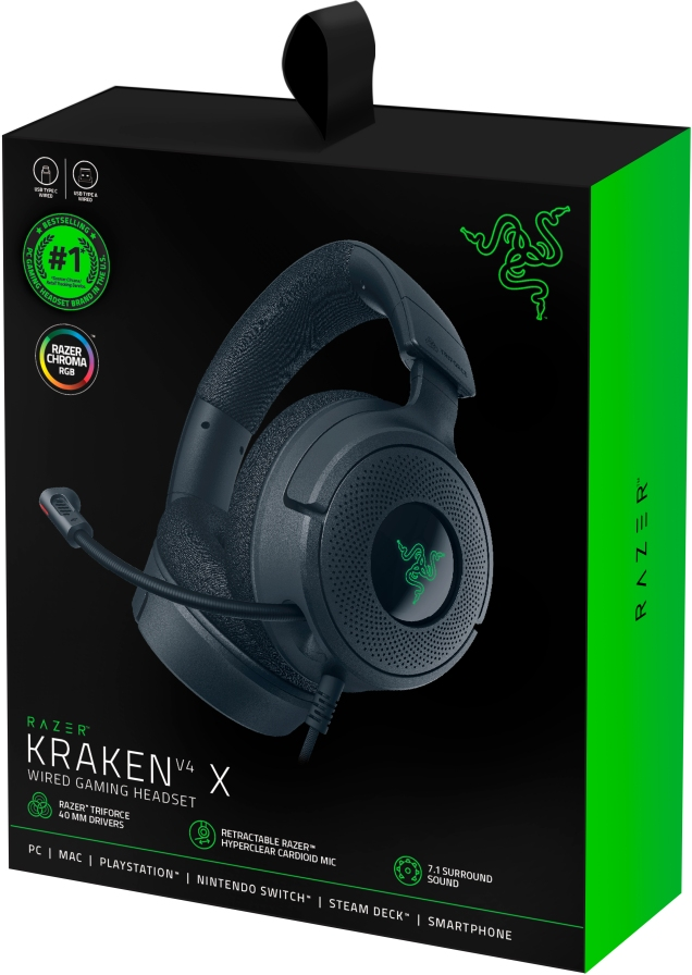 Cuffie gaming Razer Kraken V4 X nere in scatola. Logo Razer verde sui padiglioni.