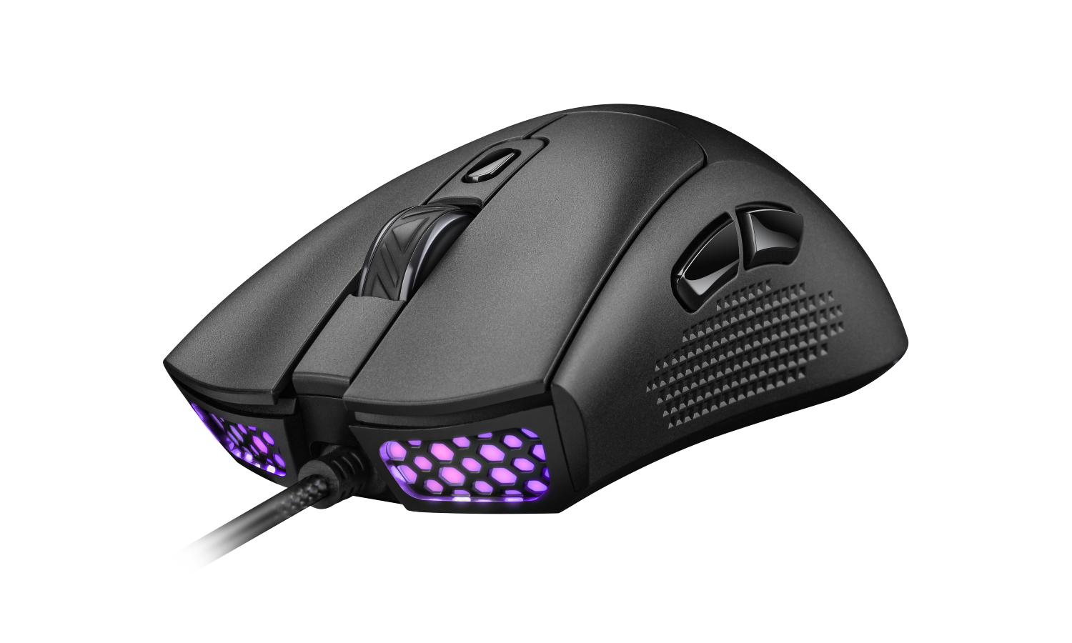 Ratón gaming negro con acentos iluminados en morado.