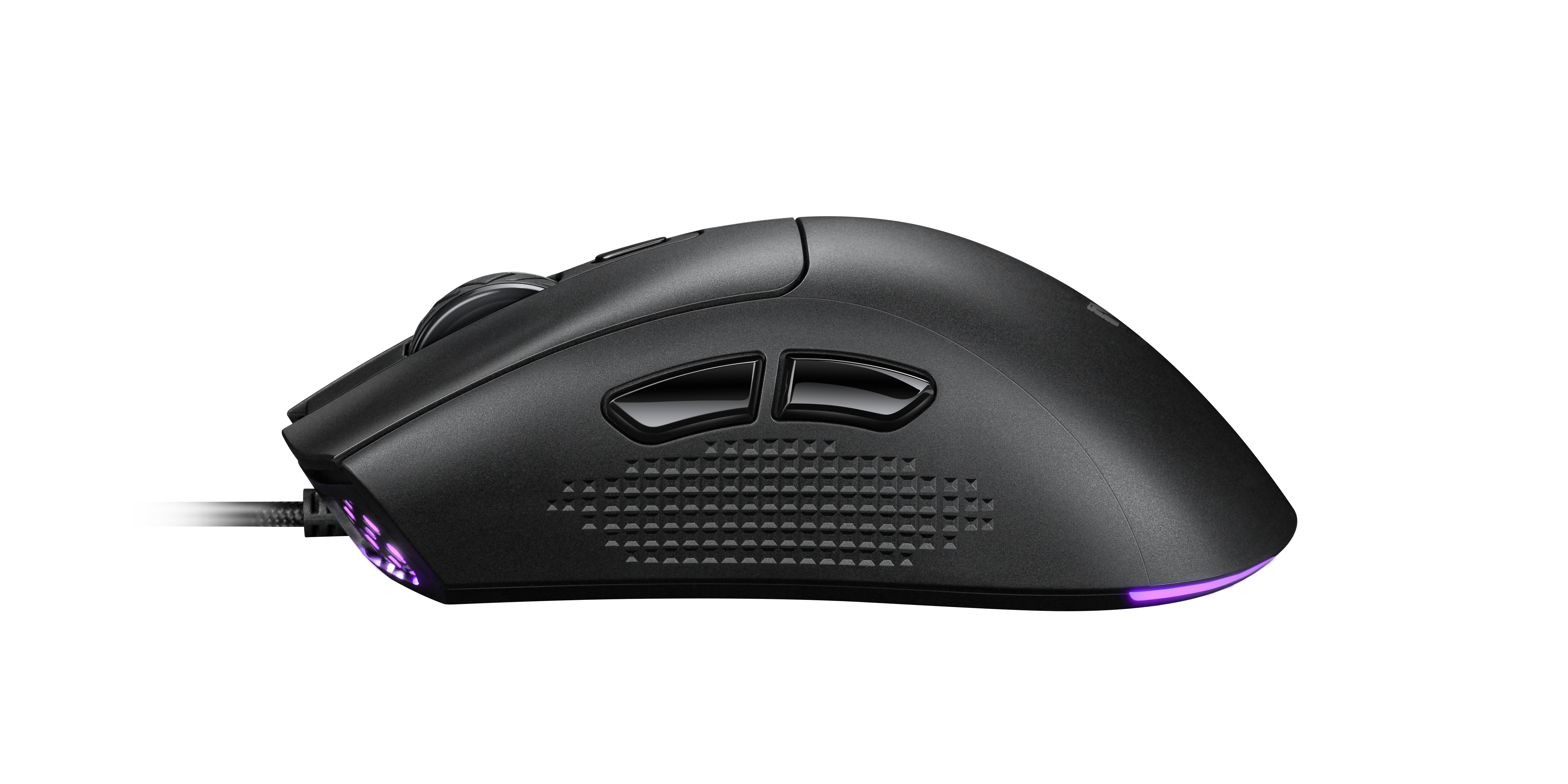 Un ratón gaming negro con botones laterales y una tira de luz morada en la parte inferior.