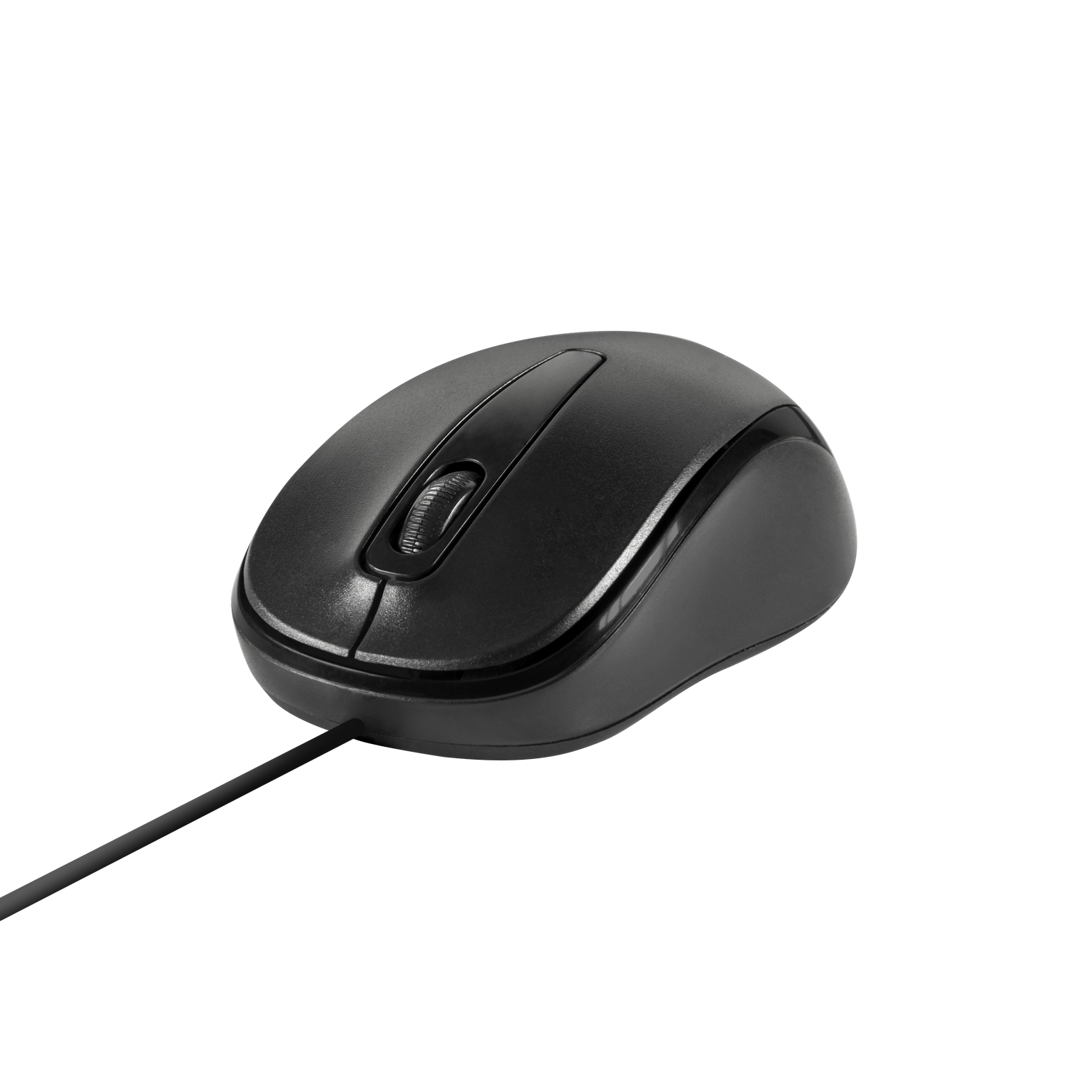 Un ratón de ordenador negro con una rueda de desplazamiento y un cable conectado, sobre fondo negro.