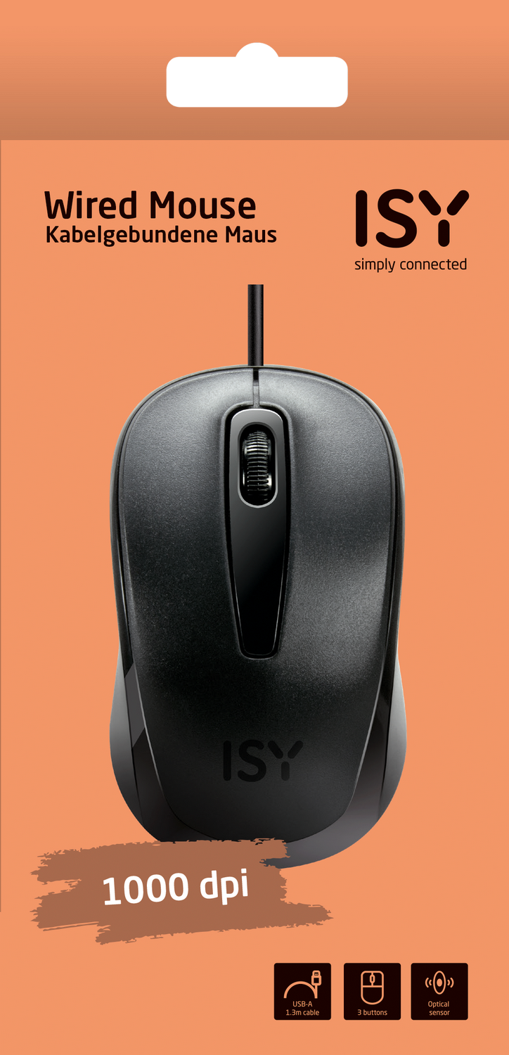 Un ratón con cable negro en un paquete. El paquete incluye texto y el logotipo de ISY.