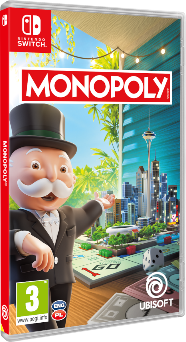 Monopoly játék borítója. Mr. Monopoly egy városra mutat. A játéktábla és a dobókocka látható. Nintendo Switch logó felül.