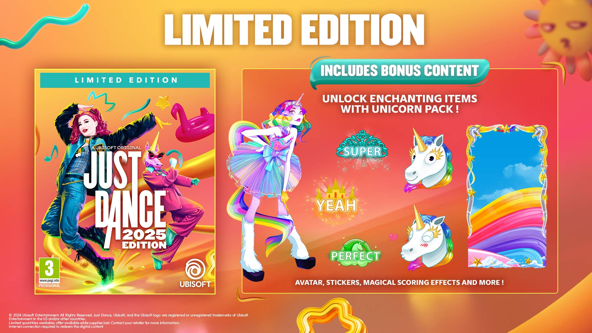 A kép a Just Dance 2025 Editiont hirdeti, egy Limited Editiont. Karaktereket és unikornisokat mutat. Bónusz tartalmat, matricákat és avatárokat tartalmaz.