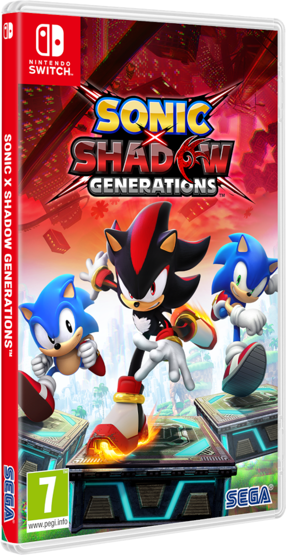 Nintendo Switch játékkazetta. Sonic, Shadow és Sonic karakterek a borítón. Piros és fekete design.