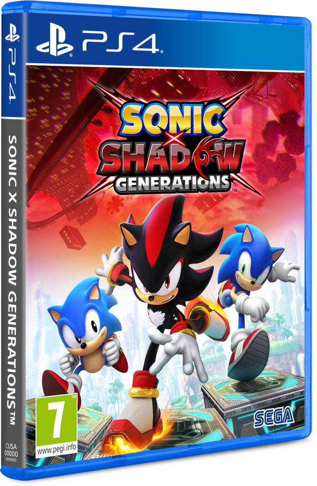 A 'Sonic X Shadow Generations' PS4 játékborítója Soniccal, Shadow-val és Sonic-kal.
