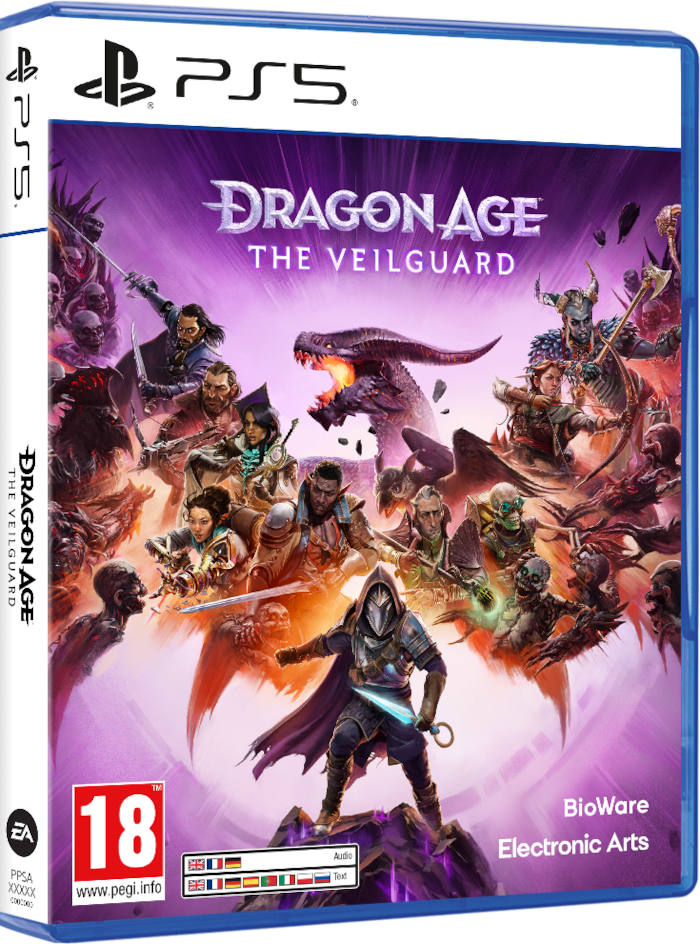 PS5 játékdoboz a Dragon Age: The Veilguard játékhoz, a játék karaktereivel a borítón.