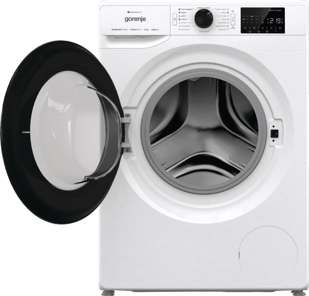 Fehér Gorenje mosógép nyitott fekete ajtóval. Vezérlőpanel és digitális kijelző felül.