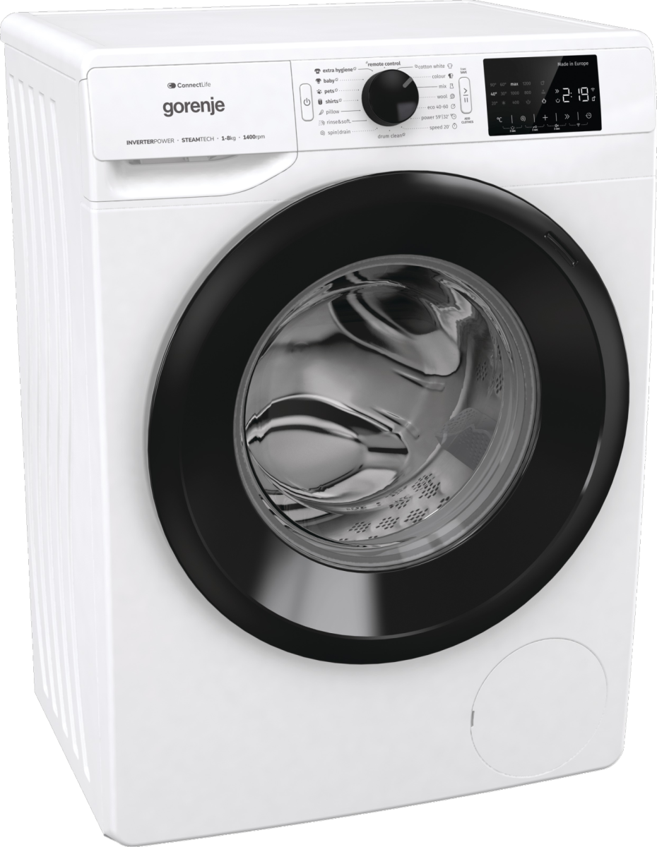 Fehér Gorenje mosógép. Fekete ajtó és kezelőszervek. Felülről látva.