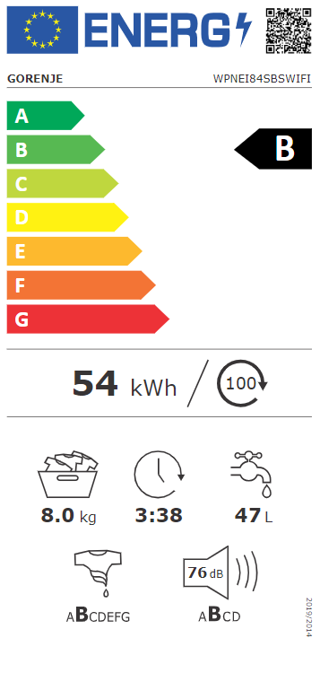 Energia címke egy Gorenje mosógéphez. Energiahatékonyságot mutat.