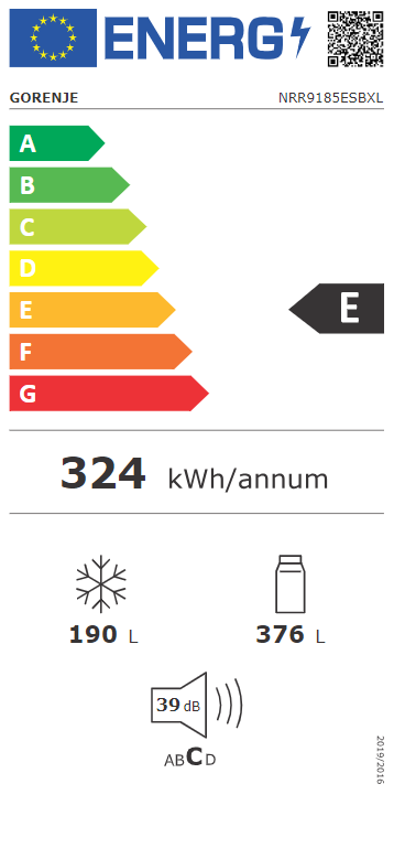 Energia címke hűtőszekrényhez. Megjeleníti az energiahatékonyságot, a kapacitást és a zajszintet.