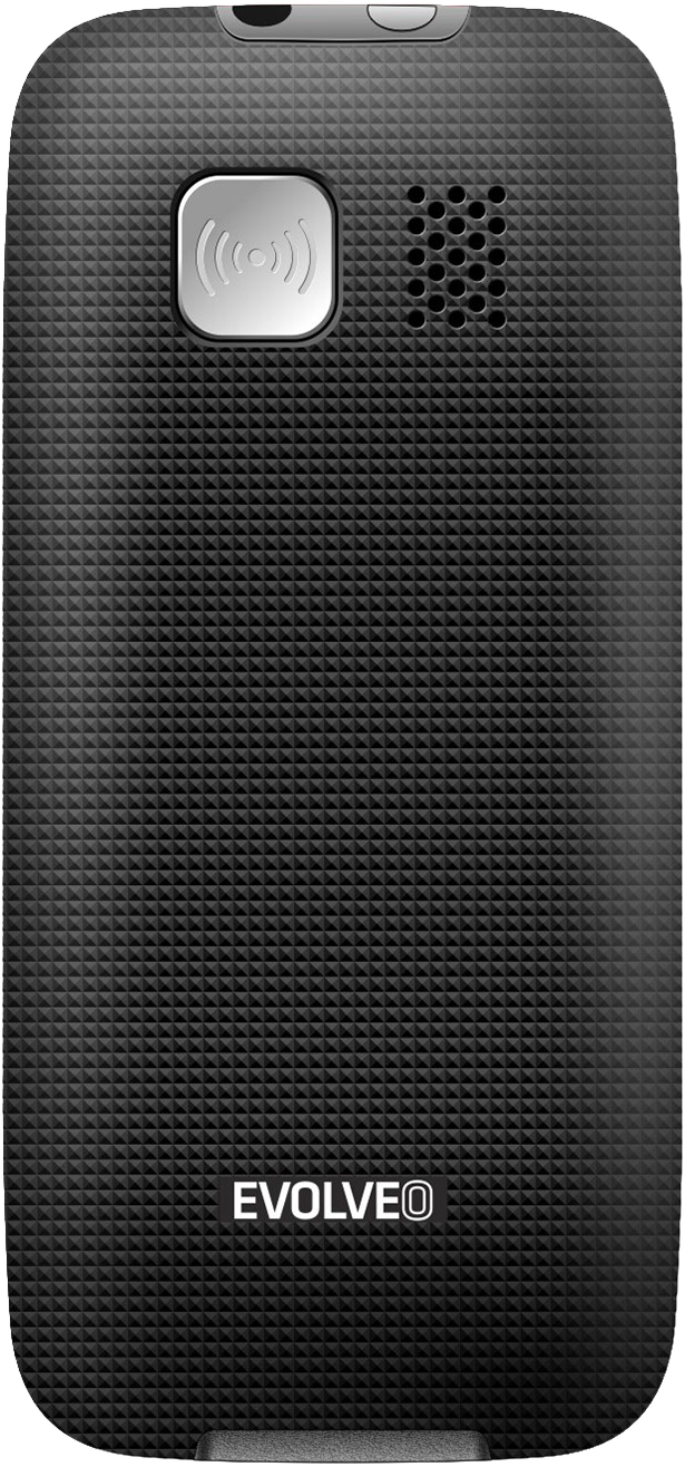 Fekete mobiltelefon texturált hátlappal, alul az 'EVOLVEO' márkanévvel.