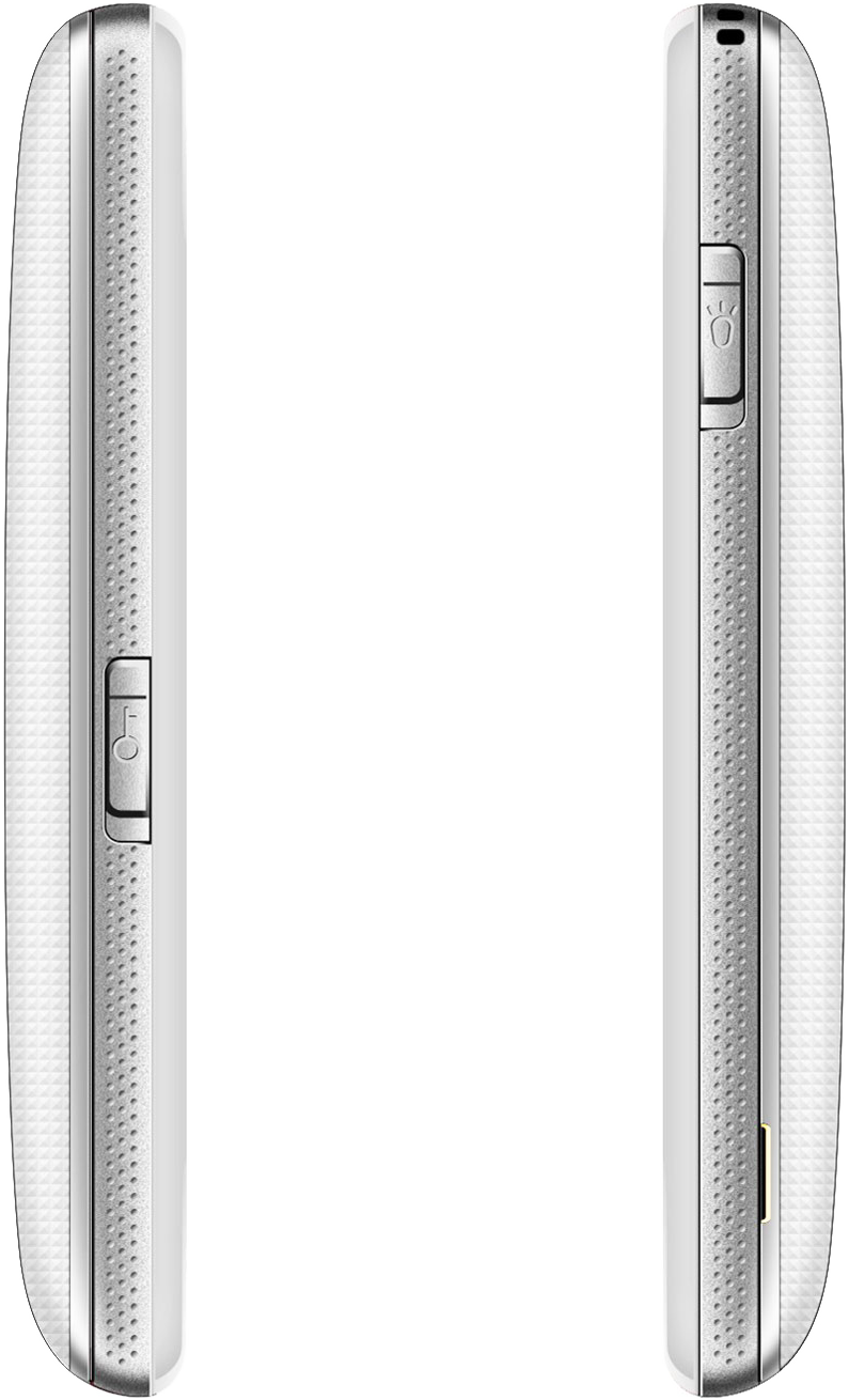 Fehér mobiltelefon két oldalsó nézete, látható bekapcsoló és hangerő gombokkal.
