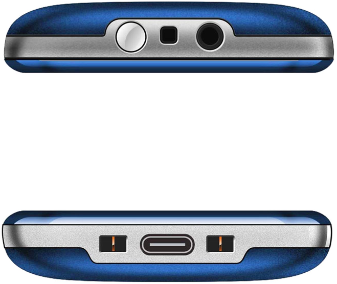 Egy kék telefon felülnézete és alulnézete. A tetején egy gomb és egy port van. Alján egy port van.