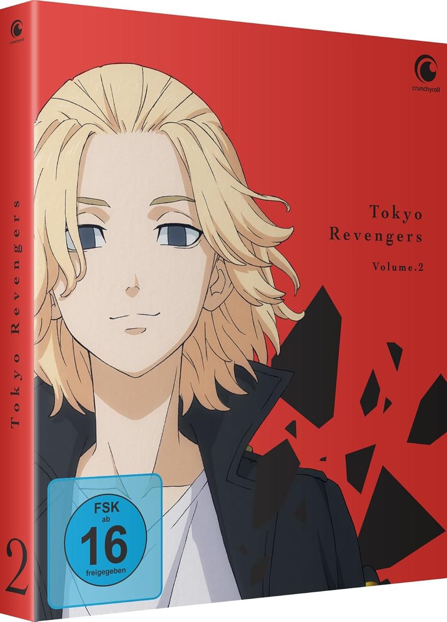 Eine Person mit blonden Haaren und einer schwarzen Jacke auf rotem Hintergrund. Anime-Stil.