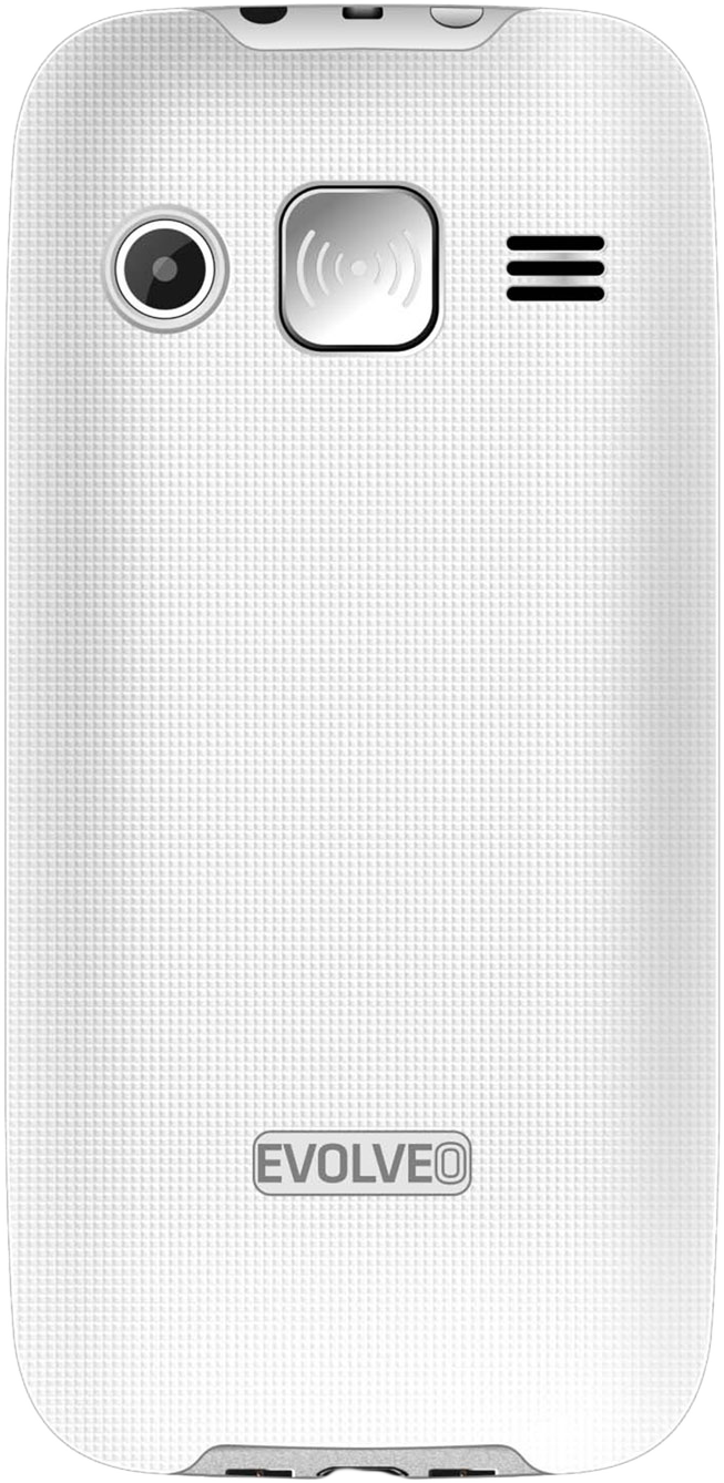 Fehér telefon hátlapja. Kamera, NFC szimbólum és három vonal látható.