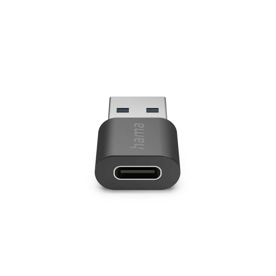 Schwarzer USB-C-zu-USB-A-Adapter, mit 'hama' aufgedruckt.